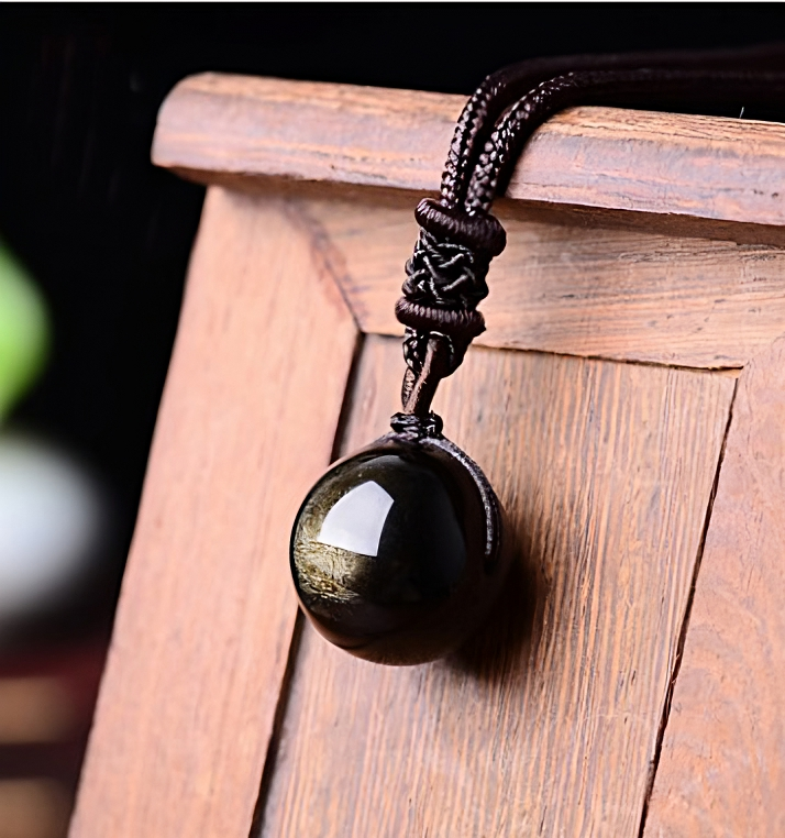 Black Gold Natural Obsidian Stone Pendant Lucky Transfer Beads Pendant Necklace - VHD